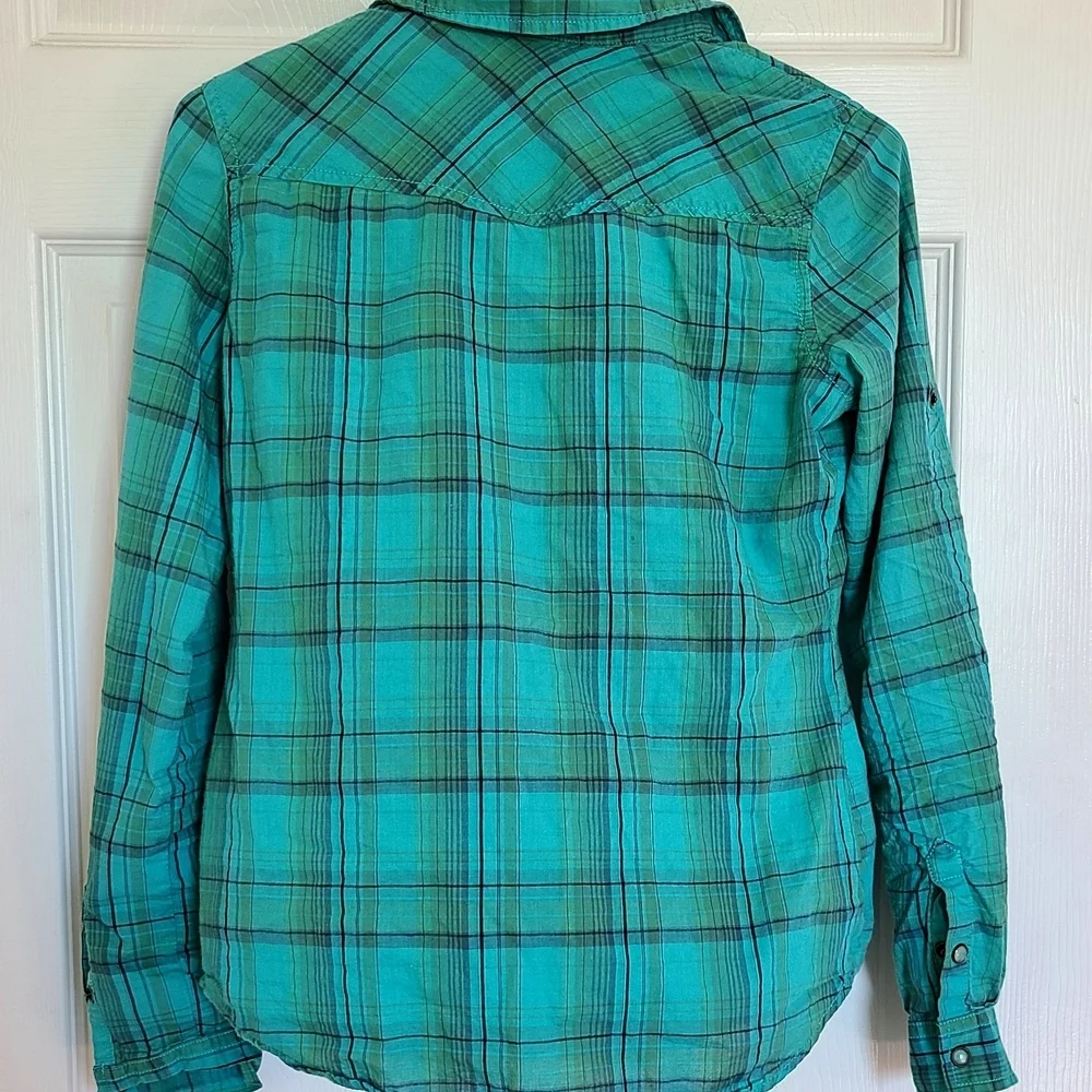 Mossimo Supply Co. Aqua/Green Plaid Cotten Button-Up Shirt Size Small Womens - Picture 5 of 7